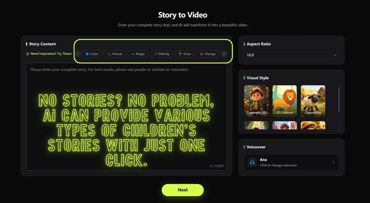KiVi AI Inspiration feature for Story to Video