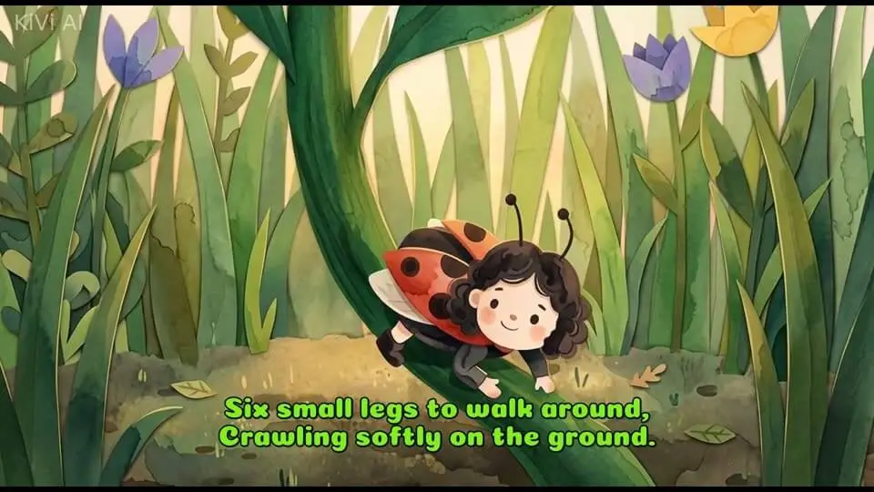 Real KiVi frame: a ladybug girl exploring a flower garden in watercolor paper-cut style