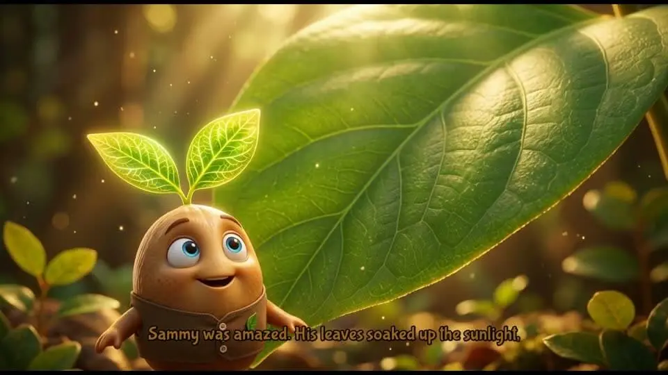 Real KiVi frame: Sammy the Seed soaking up sunlight in a warm 3D garden