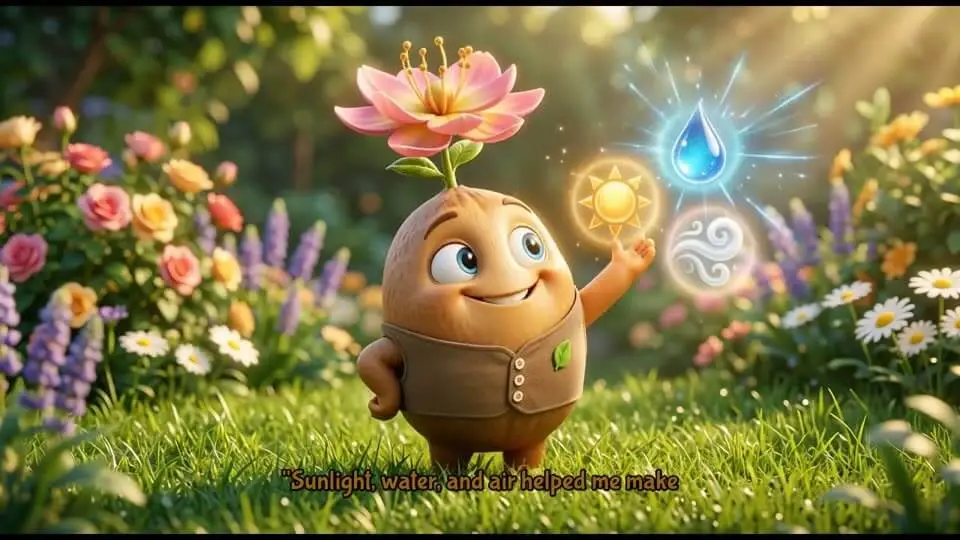 Real KiVi frame: blooming Sammy holding glowing icons of sunlight, water, and air